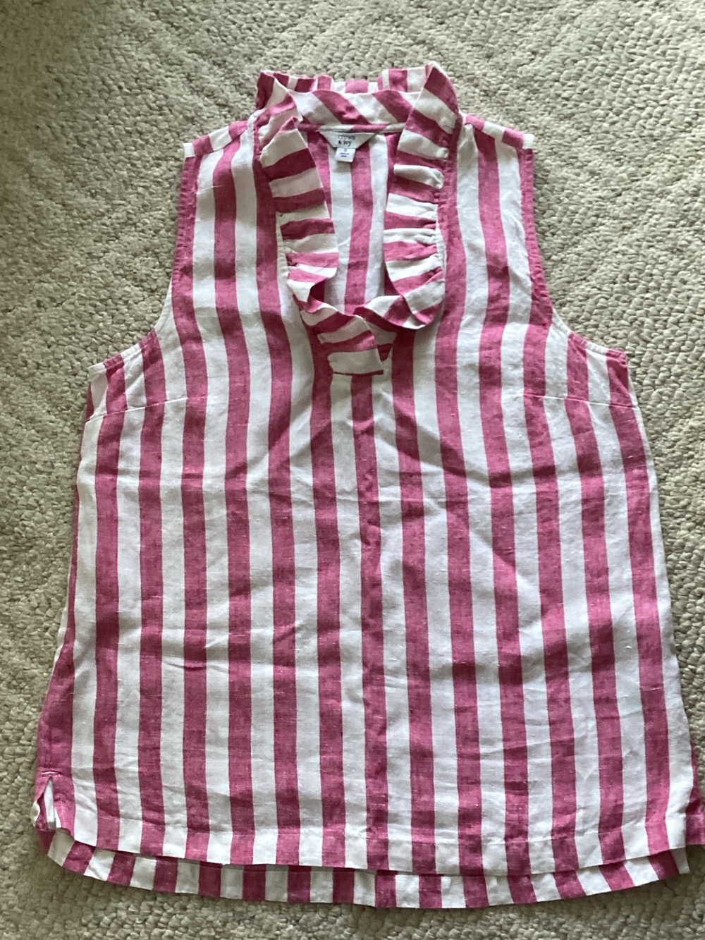Crown & Ivy 100% linen sleeveless Americana nautical blouse striped ruffle S
